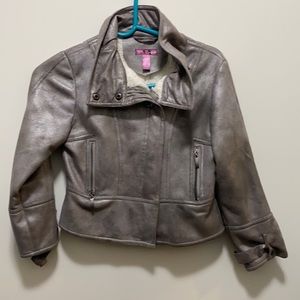 Aqua faux leather fur lined biker jacket